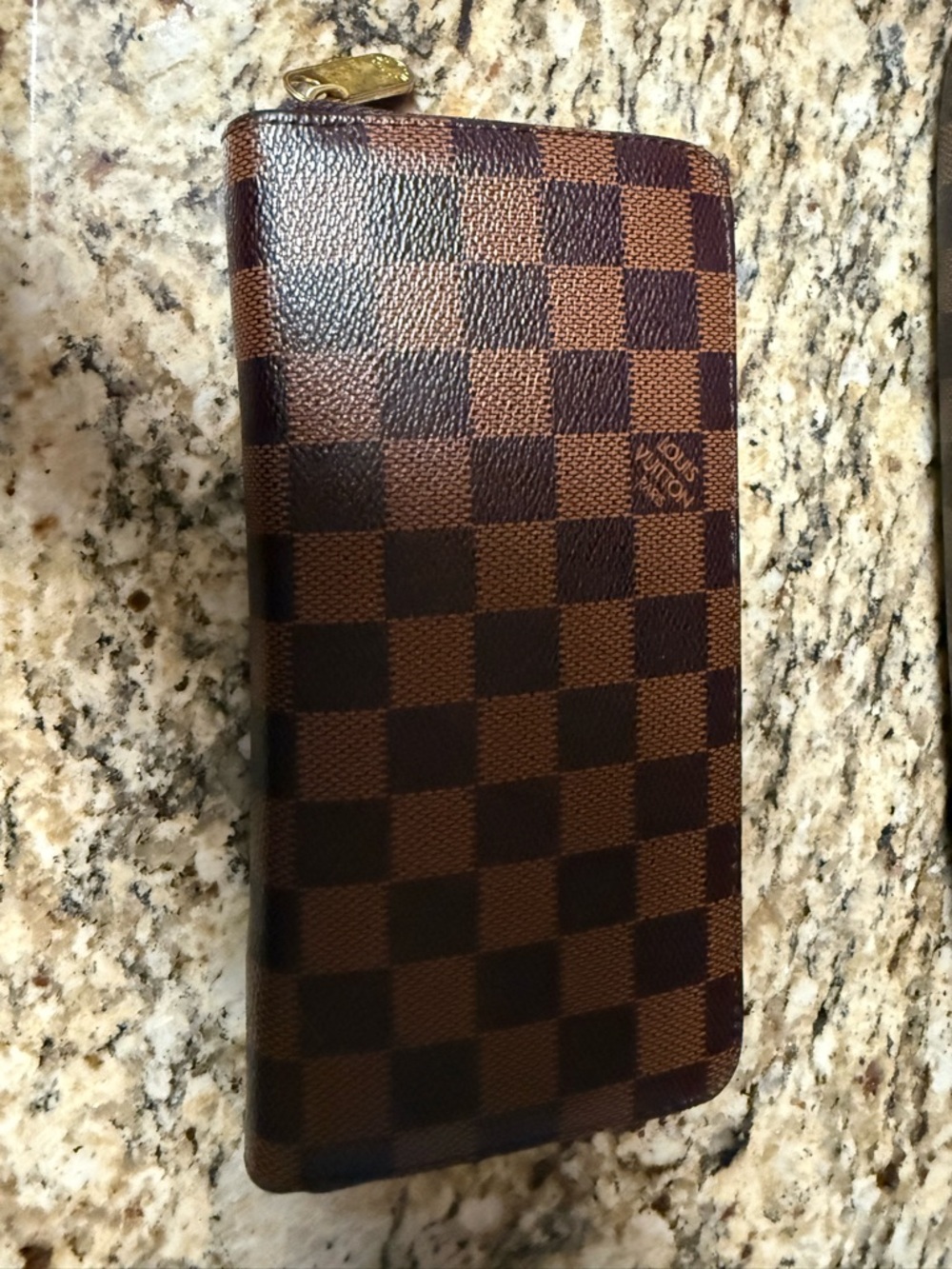 Louis Vuitton Brown Damier Canvas Zip-Around Wallet with Gold Hardware